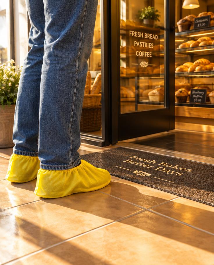Yellow shoe covers at a bakery entrance in warm morning light