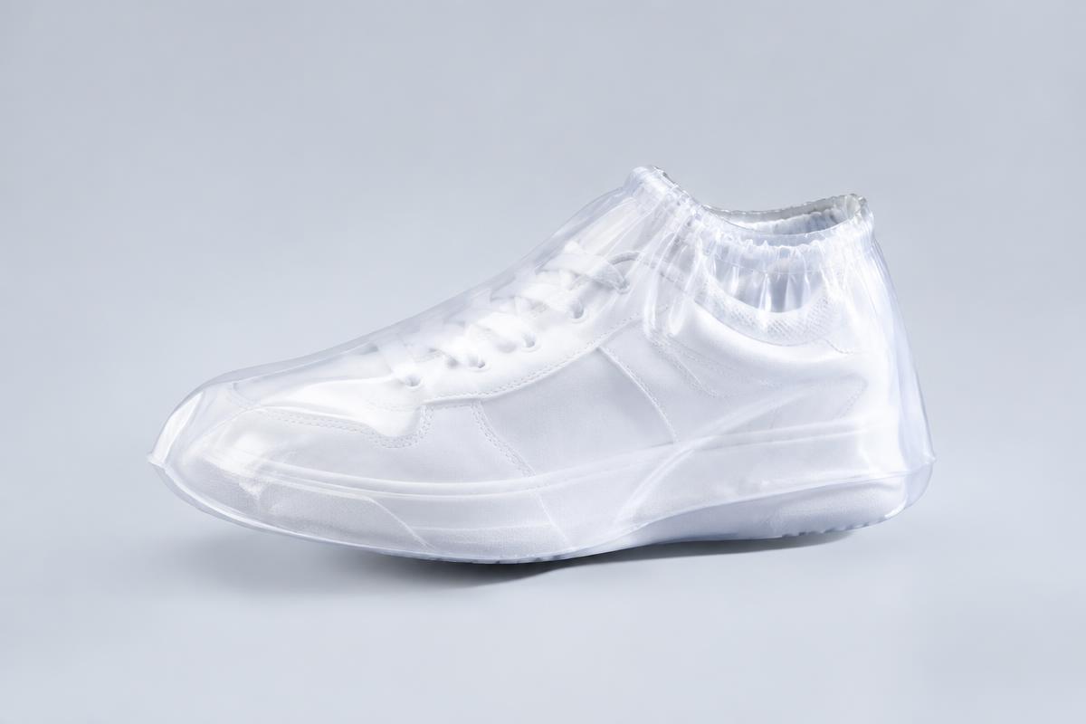 Clear translucent shoe cover over a white sneaker on a light studio backdrop