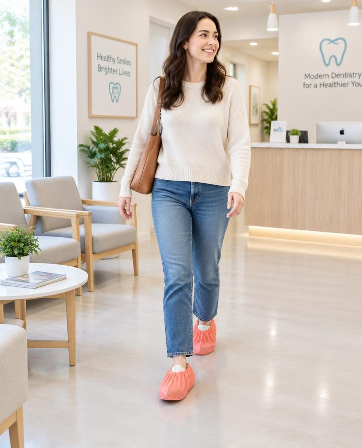 Coral shoe covers worn in a modern dental clinic waiting room